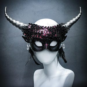 Burgundy Silver Horn Halloween Masquerade Mask Women, Mermaid Dragon Snake Fish Squama Scales Mask Costume, Cosplay Demon Ram Horns Mask
