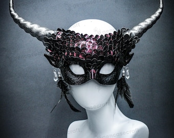 Burgundy Silver Horn Halloween Masquerade Mask Women, Mermaid Dragon Snake Fish Squama Scales Mask Costume, Cosplay Demon Ram Horns Mask