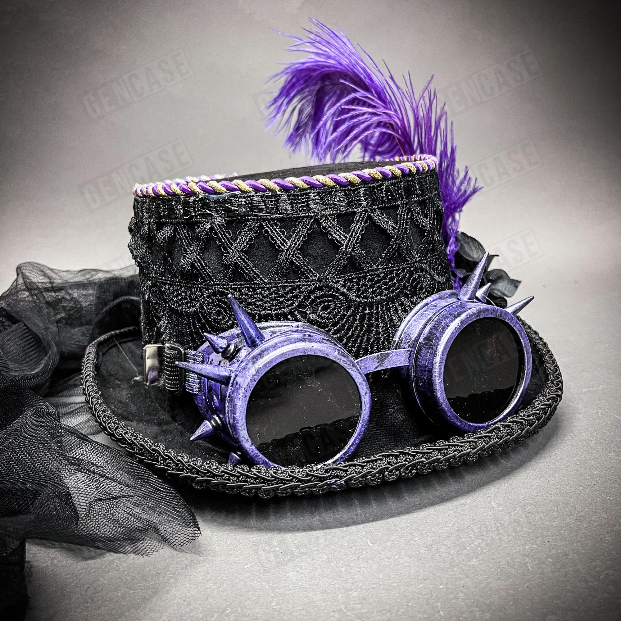 Steampunk purple shiny hat with goggles Steampunk Top Hat With Goggles for Halloween, Party, Cosplay  main image 4