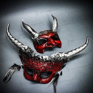 Horned Masquerade Costume for Couple, Men Women Halloween Party Mask, Red Scary Demon Devil Mask with Horns, Mermaid Dragon Costume Mask