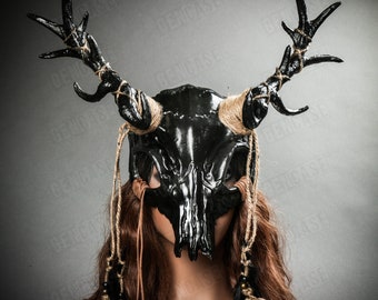Maschera Copricapo Diavolo Antelope Con Corna E Teschio Animale - Rossa Per Halloween