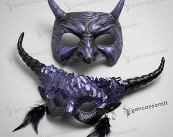 Couples Halloween Devil Masquerade - Mystic Dark Purple Dragon Scales Horned Eye Mask, Horns Devil Demon Mask, Gothic Wedding Costume