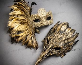 Couple His Hers Masquerade Party Mask Costume - Gold Feather Women Venetian Lace Eye Mask & Men Raven Skull Long Nose Beak Crow Mask Costume