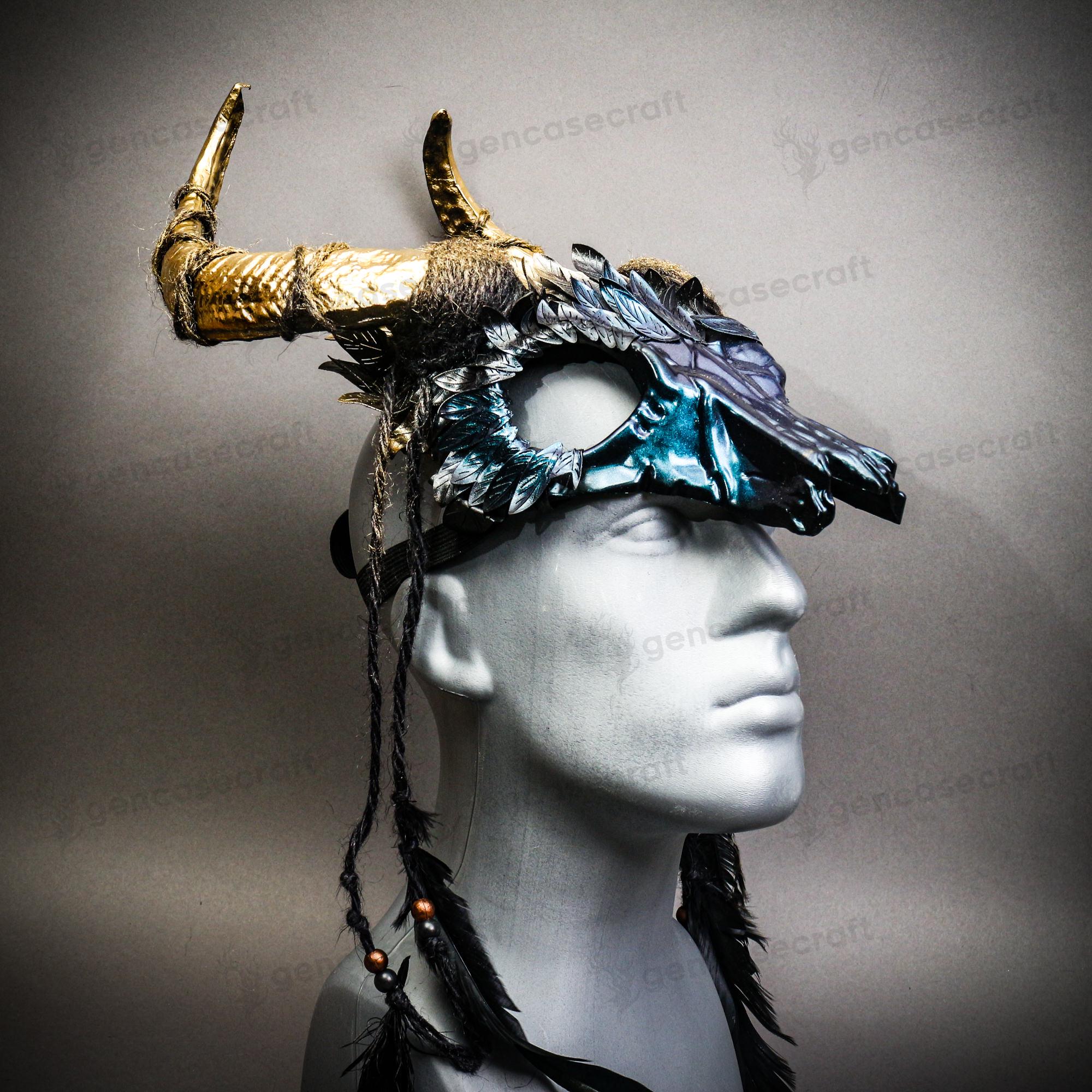 Scary Halloween Pagan Shaman Costume Mask | Shining Blue Gold Horns ...