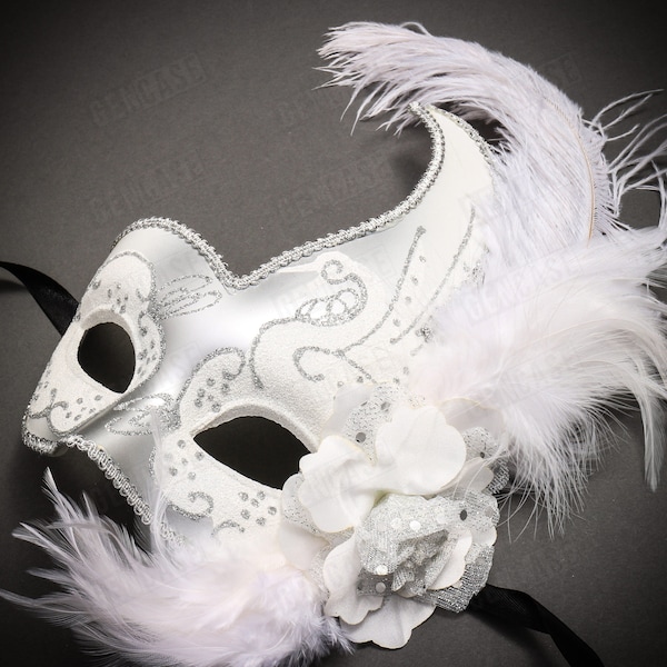 Beautiful Women Silver Eye Mask Carnival Masquerade Venetian Mask w/ Glitter Mardi Gras Side White Feather | Halloween Party Music Festival