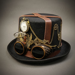 Steampunk Burning Man Pocket Watch Top Hat with Goggles Black | Steampunk Costume Halloween, Wedding Party Top Hat