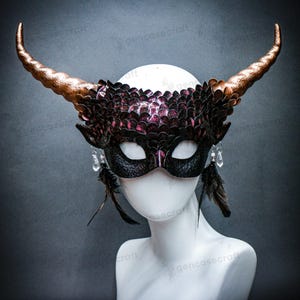 Burgundy Copper Horn Halloween Masquerade Mask Women, Mermaid Dragon Snake Fish Squama Scales Mask Costume, Cosplay Demon Ram Horns Mask