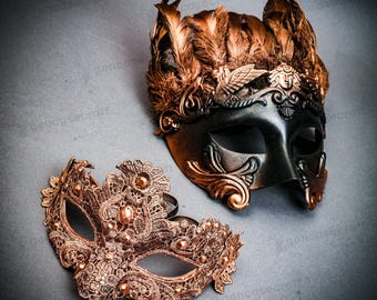 Copper Matching Masquerade Couple Mask Set, Women & Men Party Masquerade Prom Ball Face Eye Mask, Luxury Feather Mask, Lace Eye Mask