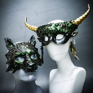 Green Devil Halloween Couple Mask for Men & Women, Animal Cosplay Monster Demon Masquerade, Gold Horn Mask, Wolf Mask, Scary Masquerade