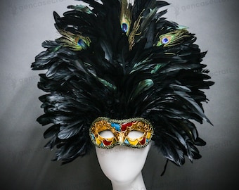 Black Top Peacock Feather Carnival Women's Masquerade Ball Mask Venetian Mardi Gras Festival Costume, Colorful Face Mask for Prom Halloween