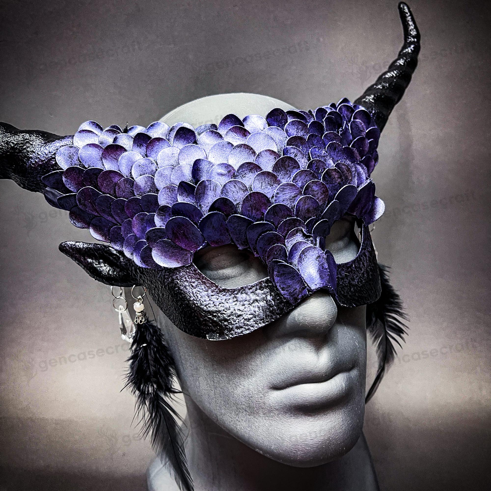Purple Dragon Scale Mask With Black Horns | Gothic Fantasy