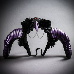 Raven Bird Skull Gothic Demon Animal Purple Ram Horn Head Dress Piece with Black Rose | Halloween Costume Party Cosplay Women Headband