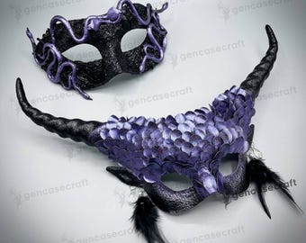 Couple's Halloween Mask Masquerade, Black Purple Horn Dragon Scales Elegant Women Mask, Snakes Forest Half Face, Party Prom Ball Masquerade