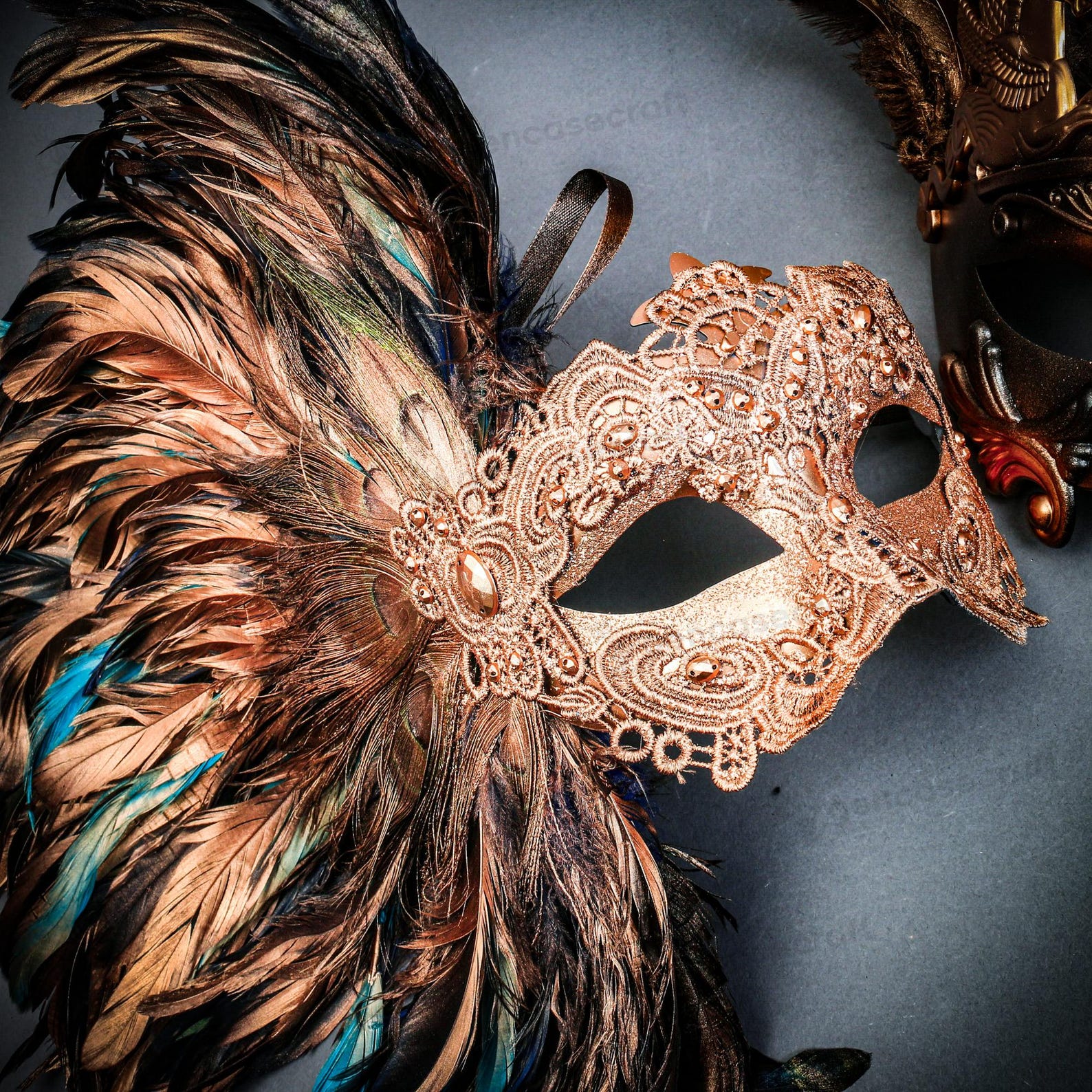 Matching Masks Luxury Masquerade Mask for Couple Blue Copper Feather, His & Hers ...