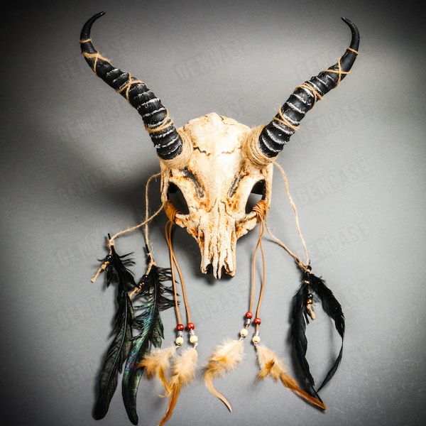 Stone Textured Antelope Devil Animal Skull with Black Impala Horns Masquerade Halloween Textured Costume Mask | Burning Man