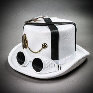 Steampunk witte veren hoge hoed met zwarte riem en witte bril Halloween feestkostuum cosplay mannen aankleden hoge hoed
