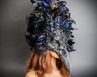 Máscara de pájaro con pico de calavera y pluma de pavo real, disfraz de cuervo, color negro y azul, para Halloween, máscara de cuervo, calavera, nariz larga, máscara de médico de la peste.