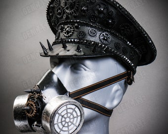Full-set Black Steampunk Captain Cap with Silver Party Gas mask Halloween Costume Steampunk Men Women Party