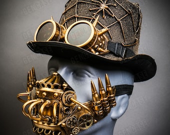 Metallic Gold Silver Steampunk Halloween SpiderWeb Top Hat & Mouth Cover Face Mask Pair w/ Spikes Goggles Halloween Steampunk Party Costume