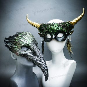 Green Devil Halloween Couple Mask | Devil Demon Women Masquerade with Horns, Long Nose Bird Beak Raven Crow Skull Cosplay Mask, Animal Mask