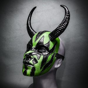 Green Black Satan Gothic Halloween Devil Horn Mask Full Face Men Women Masquerade, Horror Demon Horned Scary Mask, LARP Villain Costume