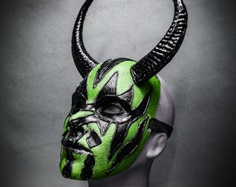 Green Black Satan Gothic Halloween Devil Horn Mask Full Face Men Women Masquerade, Horror Demon Horned Scary Mask, LARP Villain Costume
