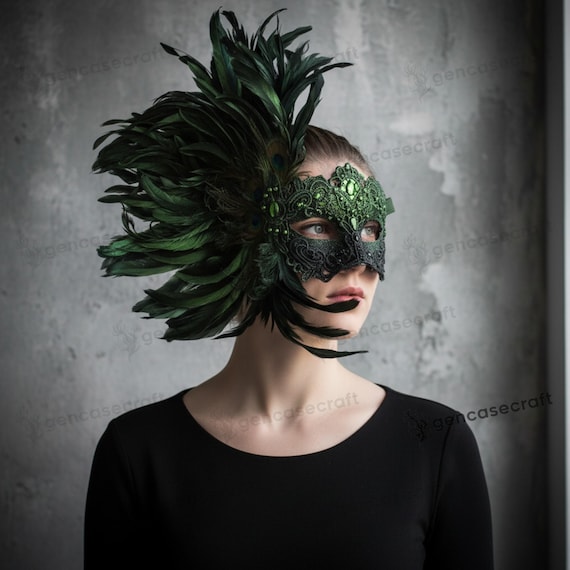 Green Peacock Feather Luxury Carnival Venetian Masquerade, Black Lace Mardi Gras Half Face Feather Mask, Prom Ball Feather Masquerade Party