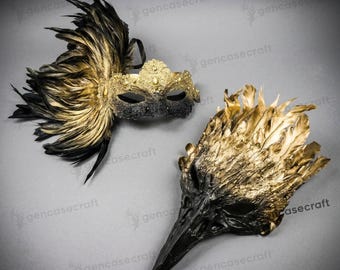 Gold & Black Couples Masquerade Set | Venetian Feather Lace Women's Eye Mask, Gothic Plague Doctor Bird Skull Raven Crow Nose Mask Costume