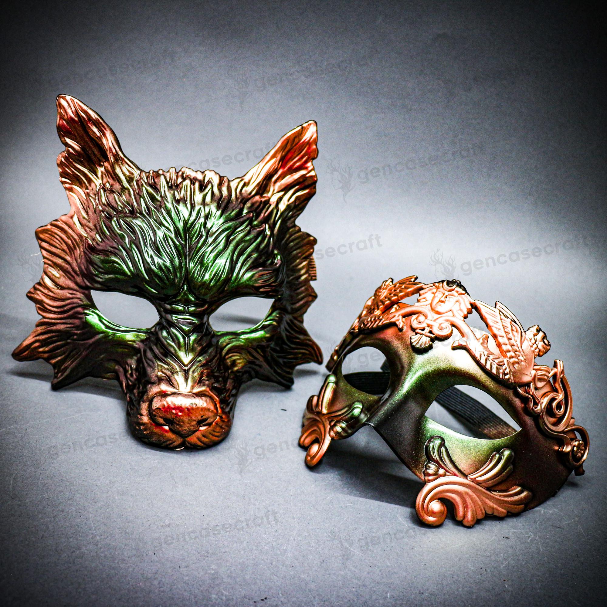 Couple's Party Halloween Mask Set - Green Copper Full Face Wolf Mask Cosplay, Venetian Ball Masquerade, Roman Emperor Warrior Half Face Mask