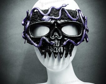 Máscara de caveira roxa e preta com cobras - Máscara de festa de Halloween para homens e mulheres adultos, Fantasia de máscara do Dia dos Mortos, Máscara de esqueleto de caveira steampunk