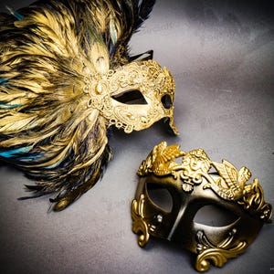 Couple Venetian Mask Prom Masquerade Ball Party Mask Costume, Gold Feather Carnival Mardi Gras Mask Women, Masquerade for Men, Wedding Mask