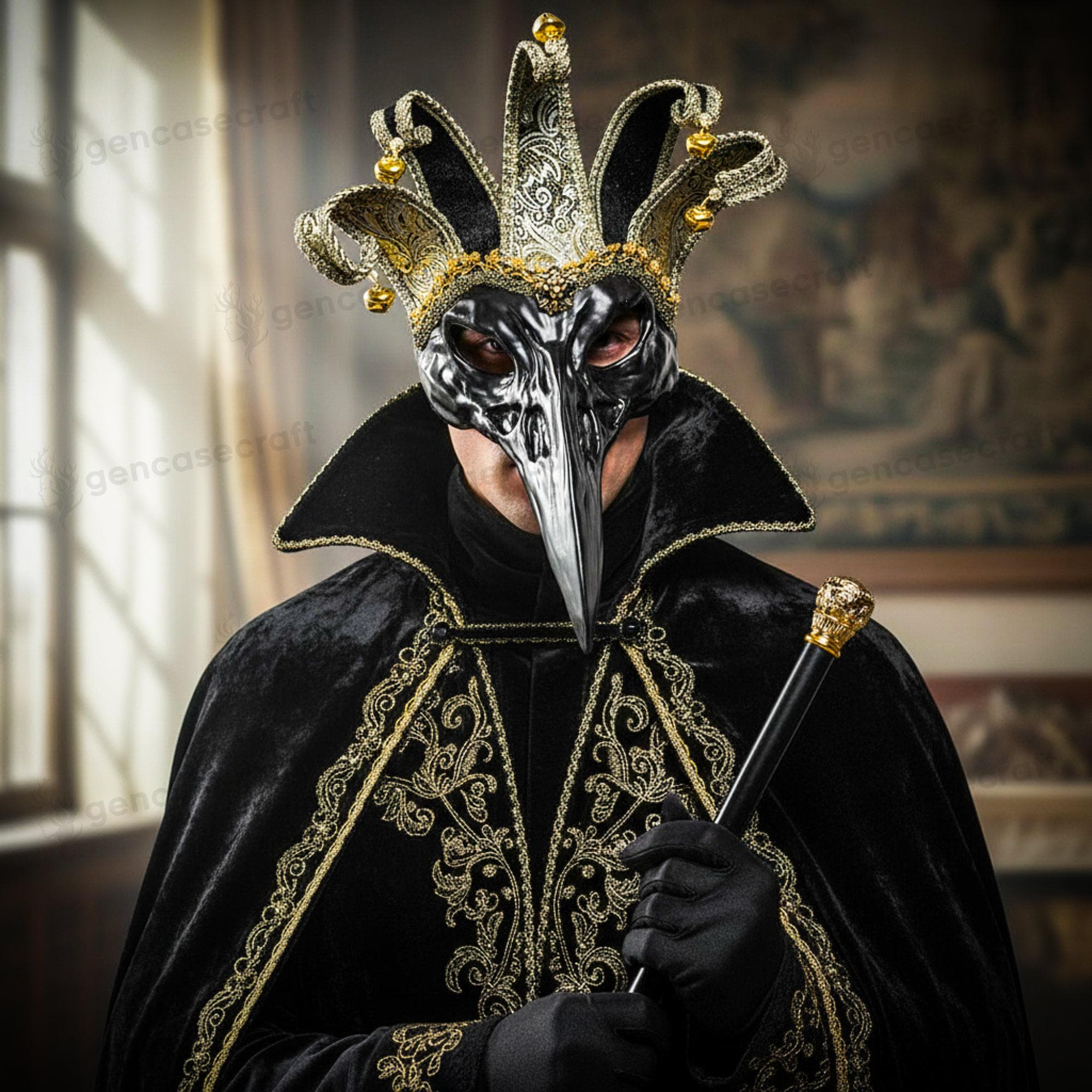 Black Venetian Jester Plague Doctor Mask, Mardi Gras Joker Bird Nose ...