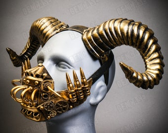 Metallic Gold Silver Gothic Demon Animal Ram Horn Headband with Face Mask Halloween Steampunk Costume Party Mask