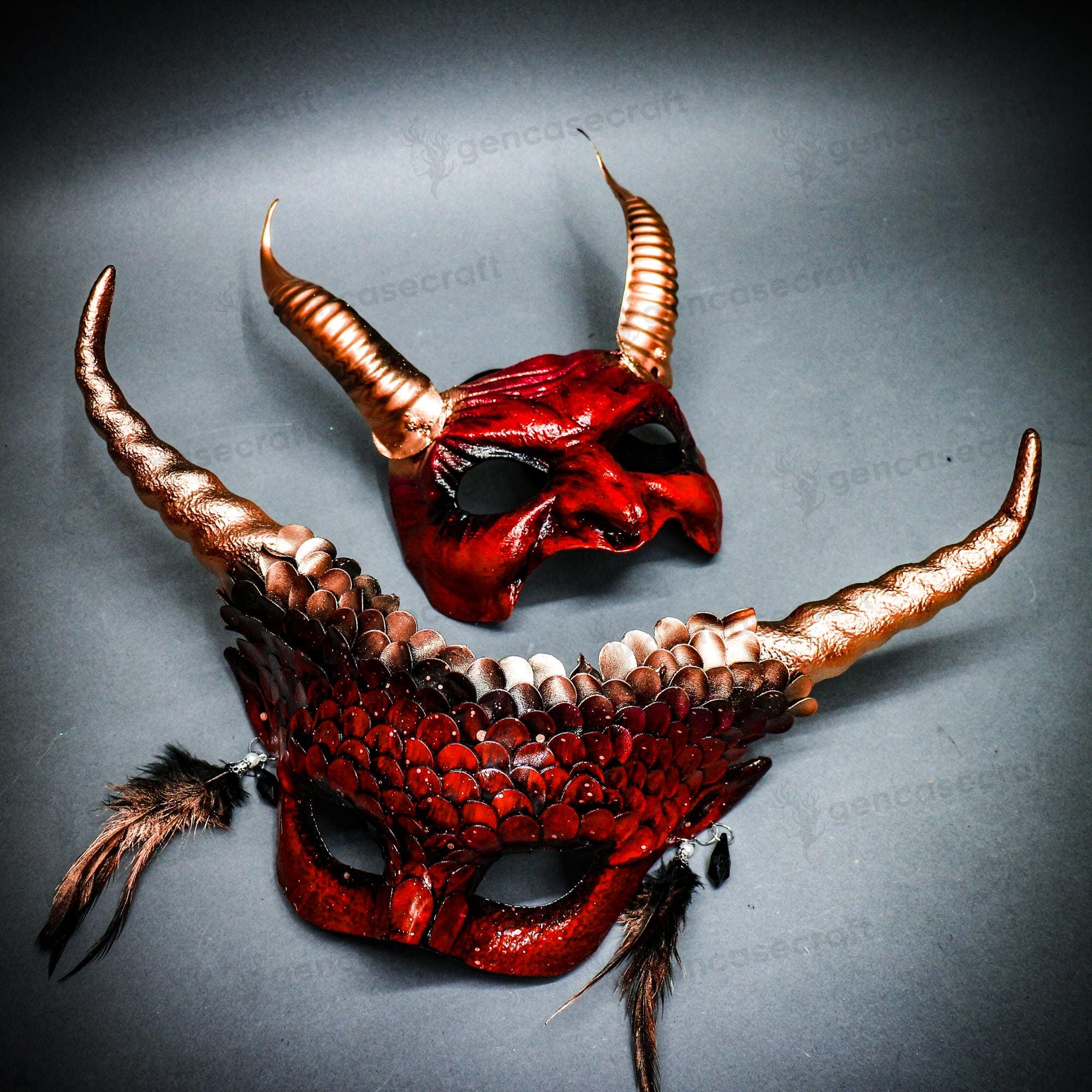 Couple's Halloween Red Copper Devil Horns Mask, Creepy Demon Face Mask Golbin Monster, Adult Party Ball Masquerade, Animal Cosplay Ram Horns