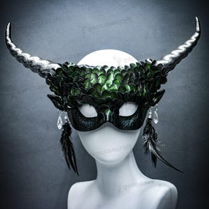 Green Gold Women&#39;s Devil Horns Masquerade Mask | Halloween Cosplay Demon Ram Horns Mask, Mermaid Fish Squama Scales Fairy Mask Costume