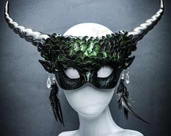 Green Gold Women's Devil Horns Masquerade Mask | Halloween Cosplay Demon Ram Horns Mask, Mermaid Fish Squama Scales Fairy Mask Costume