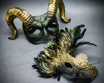 Beauty & Devil Halloween Couple Mask Costume Set | Green Gold Masquerade Ball Prom, Venetian Feather Mask, Krampus Ram Horn Demon Cosplay