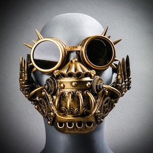 Black Gold Steampunk Spikes Goggles with Skull Jaw Mask Cosplay Party Halloween Mask | Burning Man Costume Dress up