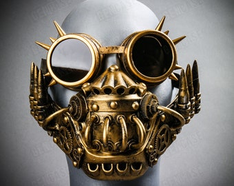 Black Gold Steampunk Spikes Goggles with Skull Jaw Mask Cosplay Party Halloween Mask | Burning Man Costume Dress up