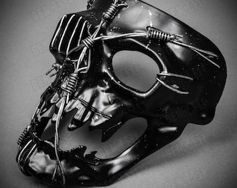 Pirate Silver Wired Death Skull Masquerade Full Face Mask | Halloween Costume Burning Man Festival Halloween Cosplay Party Black Mask