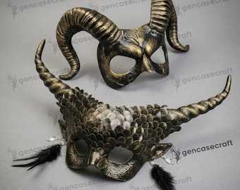Black Gold Halloween Couples Mask Set | Demon Devil Horned Masquerade, Large Krampus Horn Ram Costume &  Dragon Scales Wide Horns Eye Mask