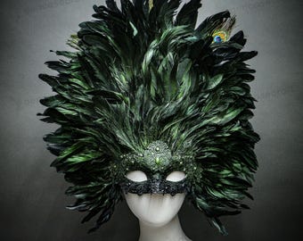 Stor grön fjädermask för venetiansk karneval, balbalmaskerad, Mardi Gras-maskerad, Halloween-kostym, bröllopsmask för kvinnor