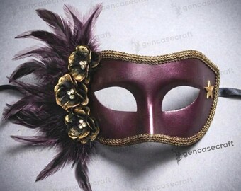Elegant Women Masquerade Mask | Burgundy Gold Flowers Venetian Mask with Feather, Prom Ball Party Costume Half Face Bridal Wedding Mask