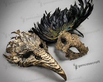 Black Gold Halloween Couples Mask Costume - Venetian Masquerade Ball Mask, Mardi Gras Peacock Feather Lace Mask, Raven Crow Bird Skull Mask