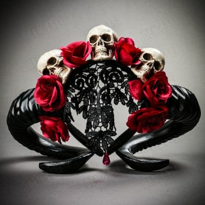 Black Gothic Demon Halloween Skull Ram Horn Headband with Lace and Red Rose | Halloween Women Party Costume Headband Hair Dress