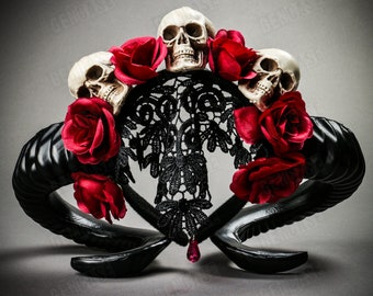 Black Gothic Demon Halloween Skull Ram Horn Headband with Lace and Red Rose | Halloween Women Party Costume Headband Hair Dress