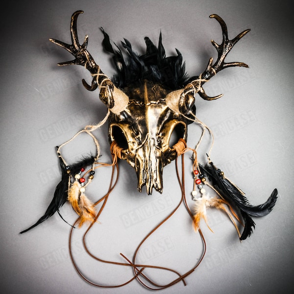 Brushed Gold Antelope Devil Animal Skull w/ Black Deer Horns Masquerade Halloween Costume Party Face Mask | Head Gear | Wall Decor
