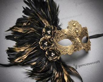 Black & Gold Floral Feather Masquerade Women's Mask | Venetian Carnival Half Face Lace Eye Mask, Party Prom Ball Wedding Mardi Gras Costume