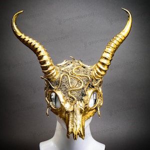 Gold Steampunk Animal Skull Antelope Horns Mask, Impala Antler Horns Costume Face Mask with Snakes, Devil Skull Forrest Animal Horns Mask