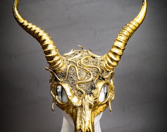 Gold Steampunk Animal Skull Antelope Horns Mask, Impala Antler Horns Costume Face Mask with Snakes, Devil Skull Forrest Animal Horns Mask
